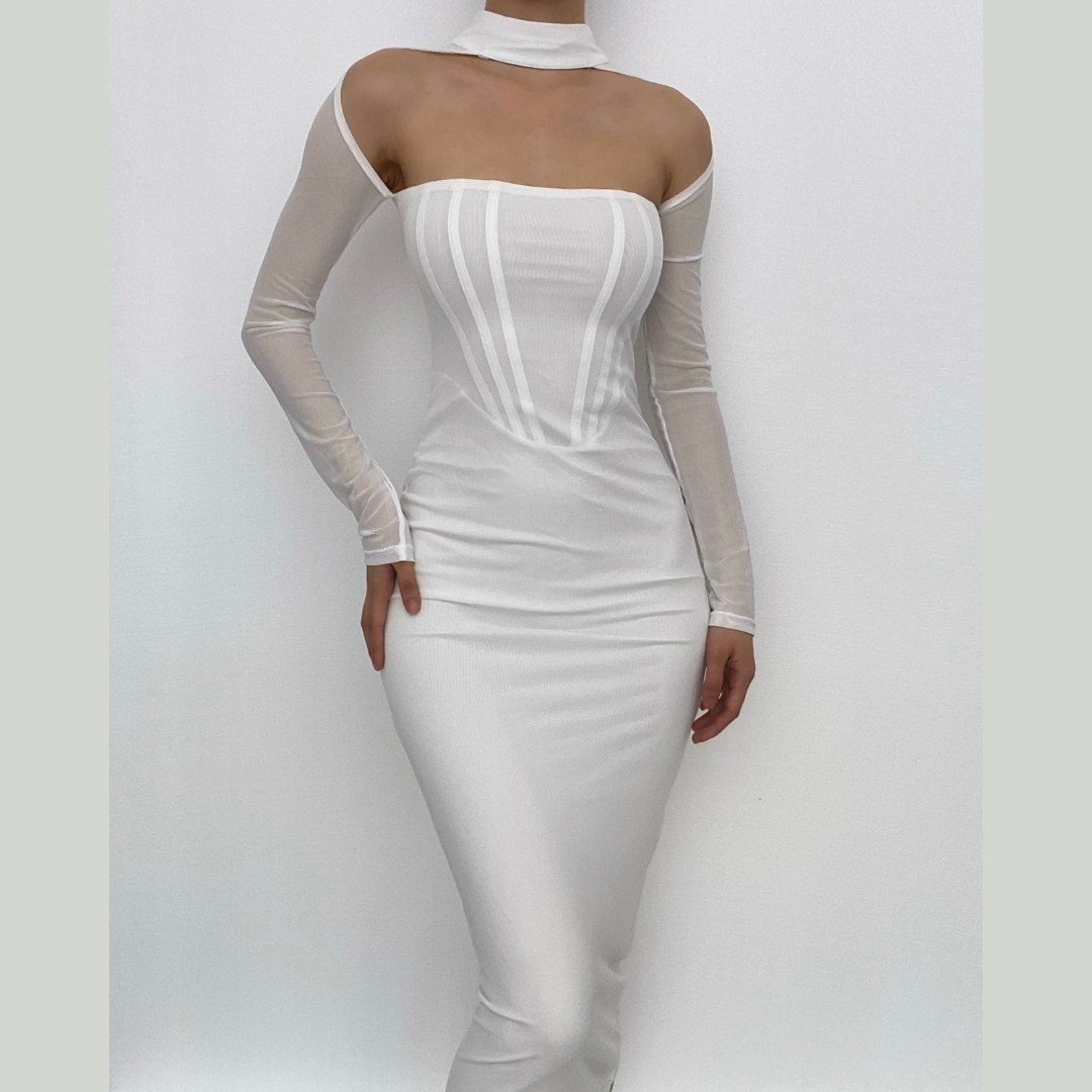 Sheer Mesh Long Sleeve Choker Strapless Bodycon Midi Dress - View 9