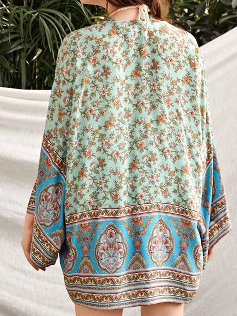 Partywear Cotton Paisley Floral Print Green Color Short Length Gown Kimono Duster Robe - Fashionpara