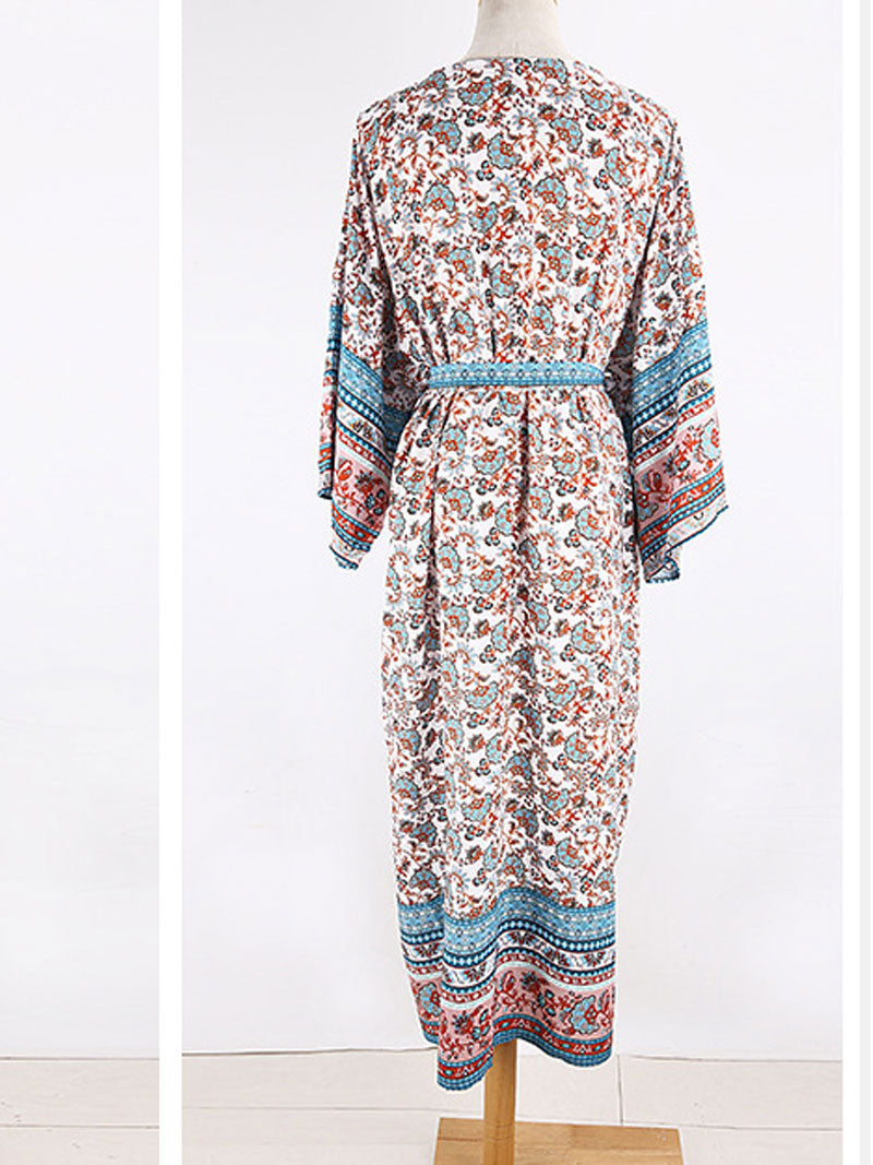 Long Floral Print Blue Color Cotton Long Length Gown Kimono Duster Robe 4
