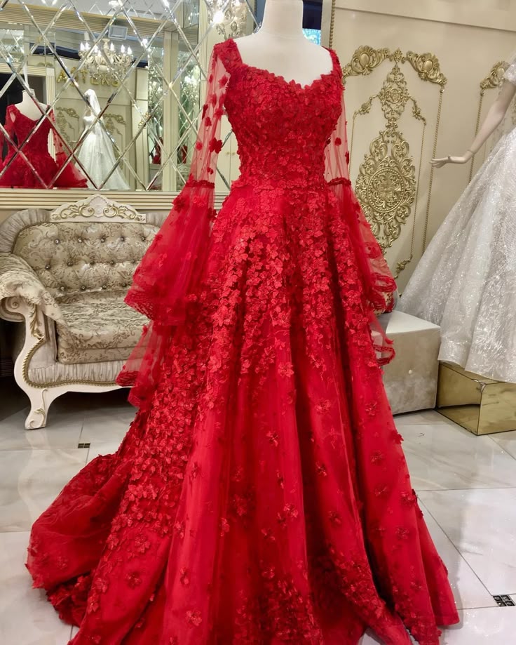 Red Long Lace Tulle Prom Dresses, Long Wedding Dresses
