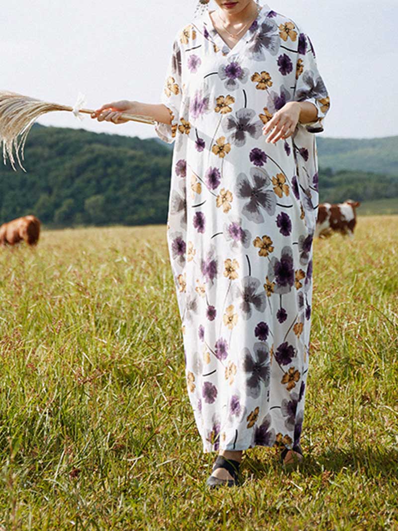 Floral Print V-Neck Half Sleeve Kaftan Maxi Dress 2