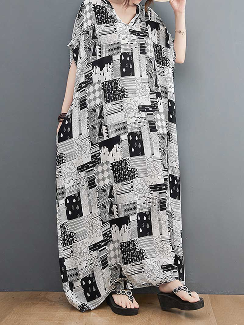 Look At Me Black & White Printed Kaftan Dress - Fashionpara