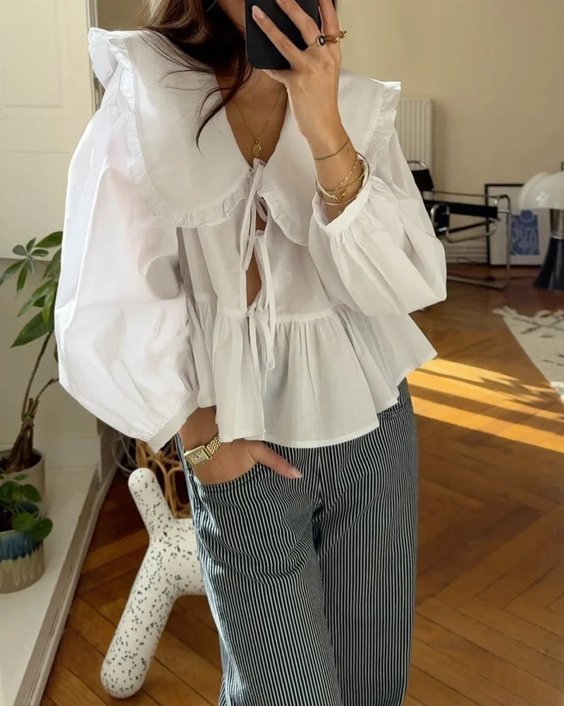 Solid Color Lace-Up Long Sleeve Cardigan Shirt - Fashionpara