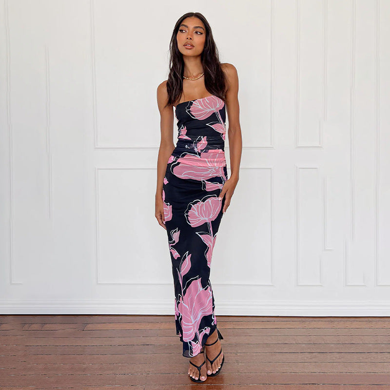 Floral Print Strapless Ruched Bodycon Maxi Dress 2