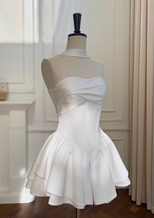 A Line Strapless White Homecoming Dress Short Evening Dress Cocktail Dresses Short Party Dress - Fashionpara