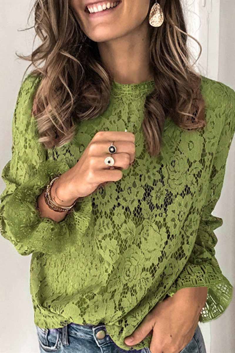 Florcoo Long Sleeve Openwork Lace Blouse(4 Colors)