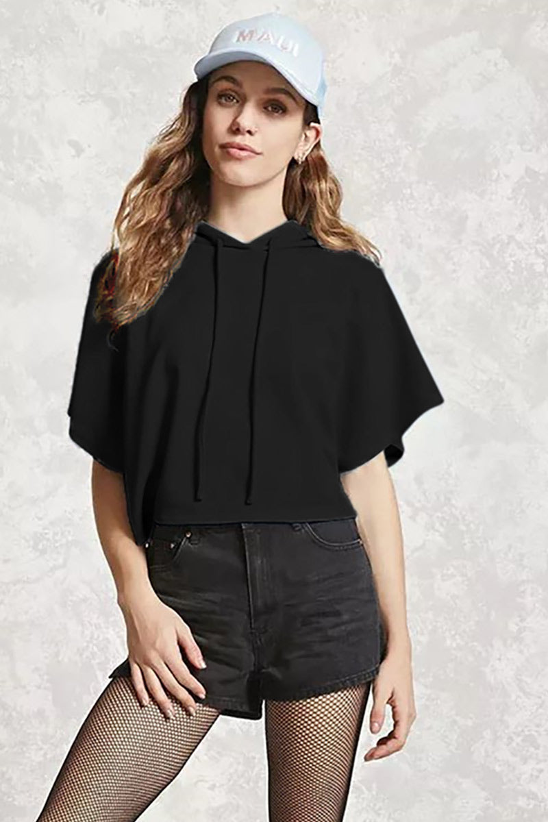 Solid Drawstring Hooded Sweatshirt With Short Sleeves - Mislish