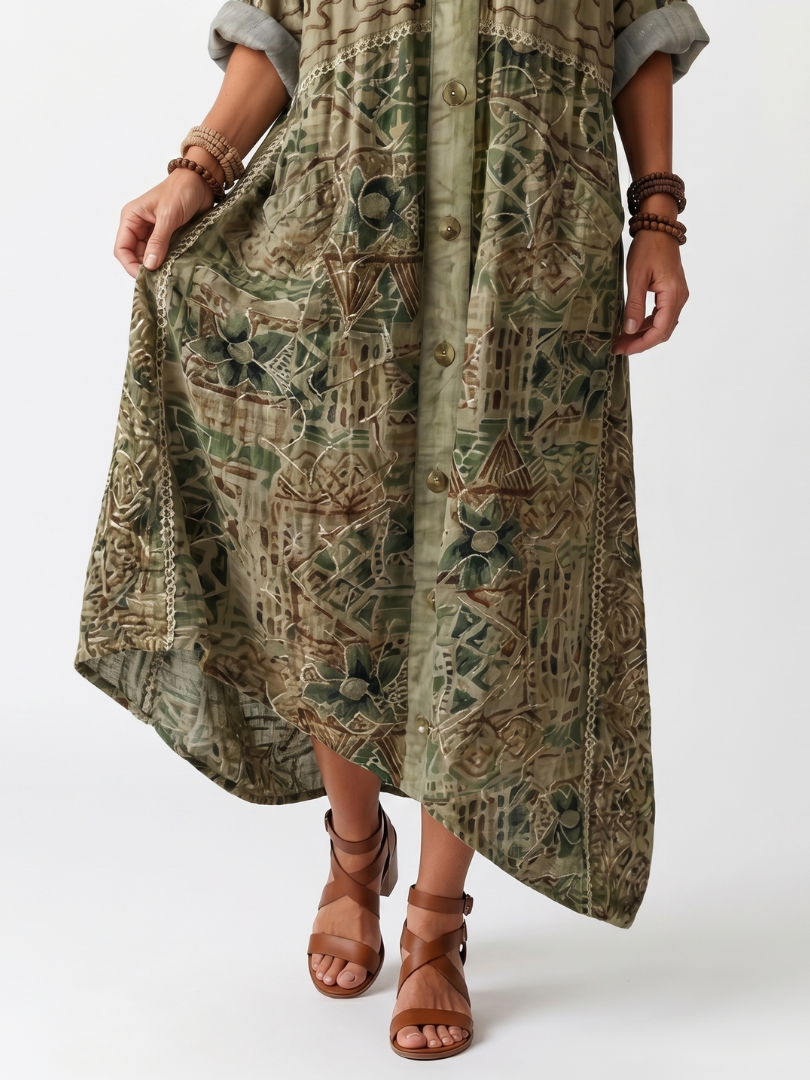 Boho Print V-Neck Button Front Pocket Midi Dress 3
