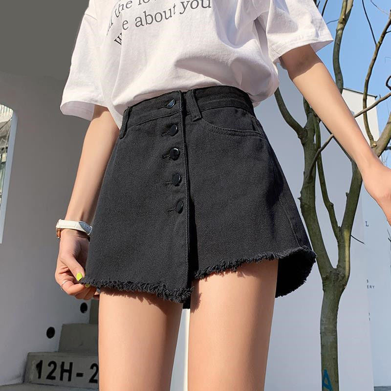 KittenAlarm - Solid Button Style Black Mini Denim Skirts