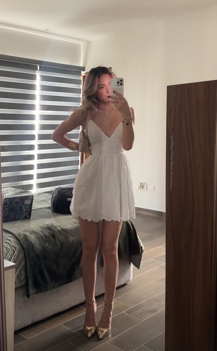 A Line White V Neck Birthday Outfit Short Evening Dress Short Party Dress Homecoming Dress - Fashionpara