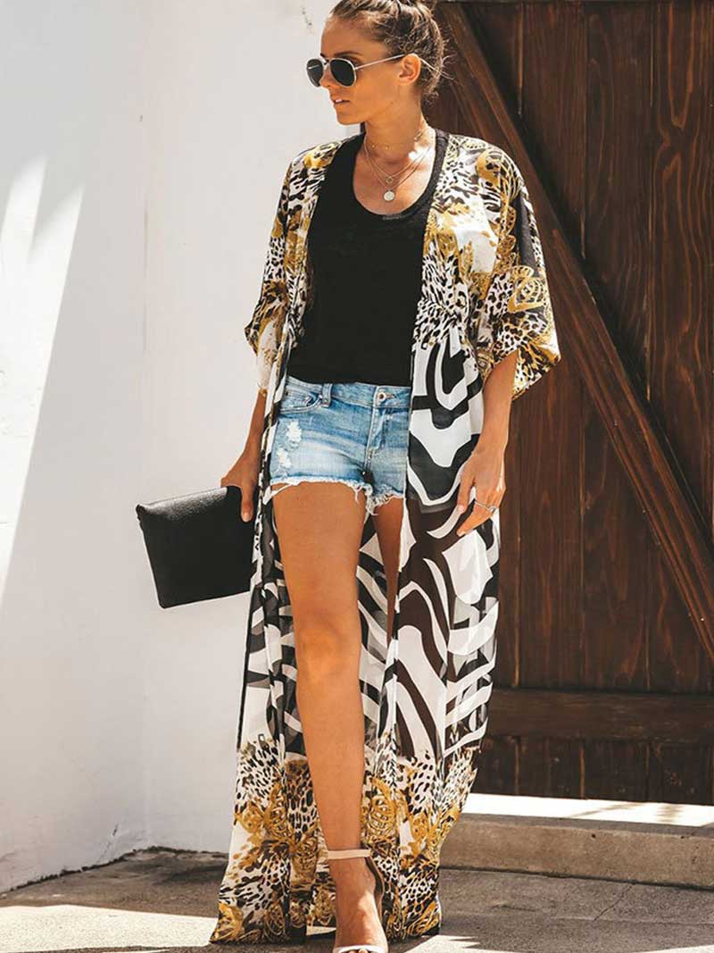 Printed Multicolor Chiffon Long Length Gown Kimono Duster Robe - Fashionpara
