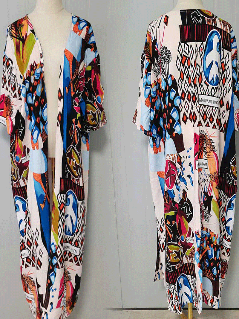 Printed White Color Polyester Long Length Gown Kimono Duster Robe 3