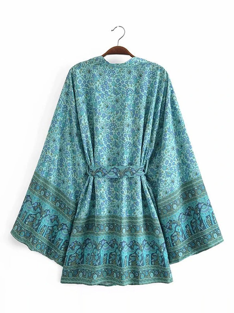 Short Kimono With Floral Print Green Color Cotton Short Length Gown Kimono Duster Robe 2