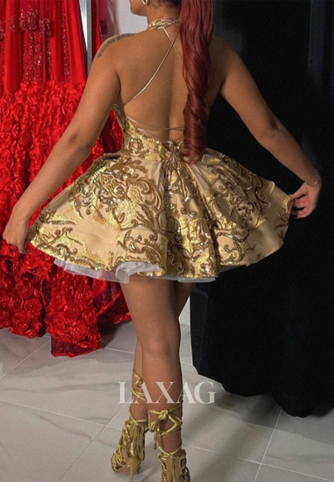 Off-Shoulder High-Neck Sleeveless Beaded Sequins Glitter Applique A-Line Short Homecoming Dress