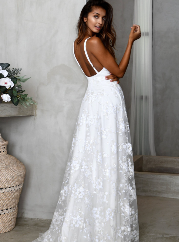 V-neck Lace Open Long Dress Fashionpara