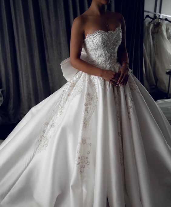 A-line Unique Strapless Satin Vintage Long Wedding Dresses