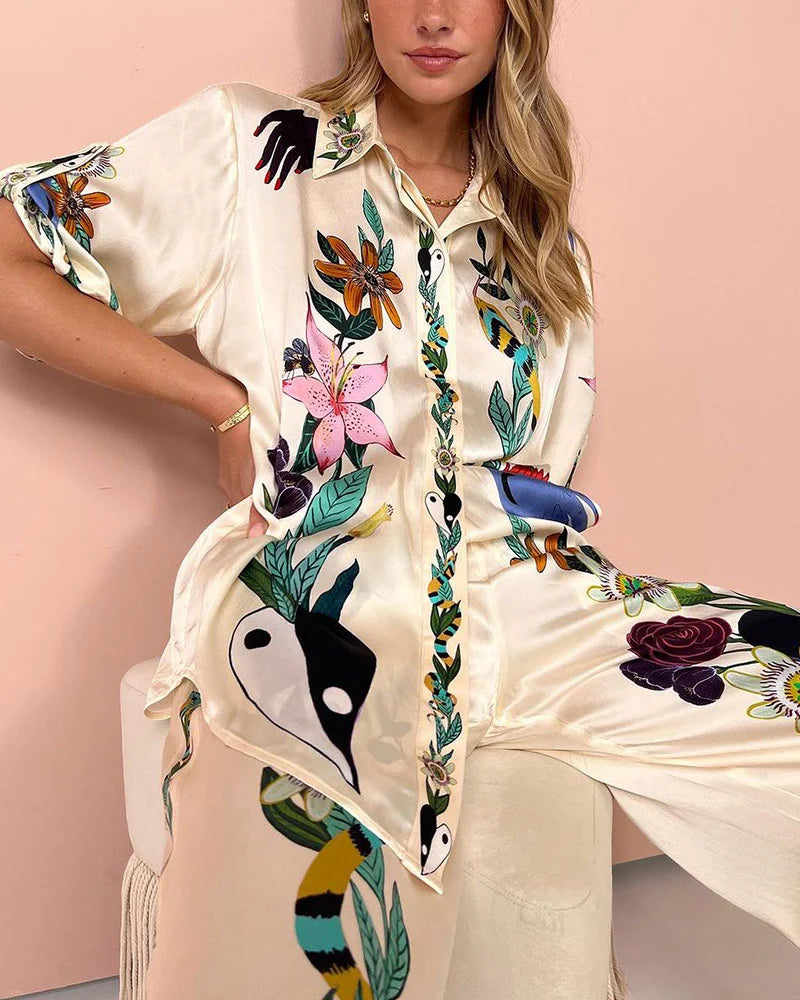 Flower jungle print casual two-piece set - Fashionpara