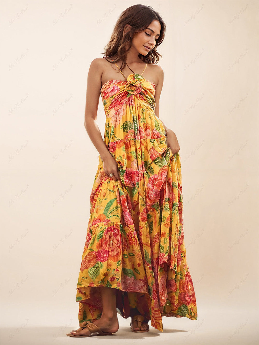 Hanging Neck Printed Floral Design Backless Straight Maxi Dress - Fashionpara