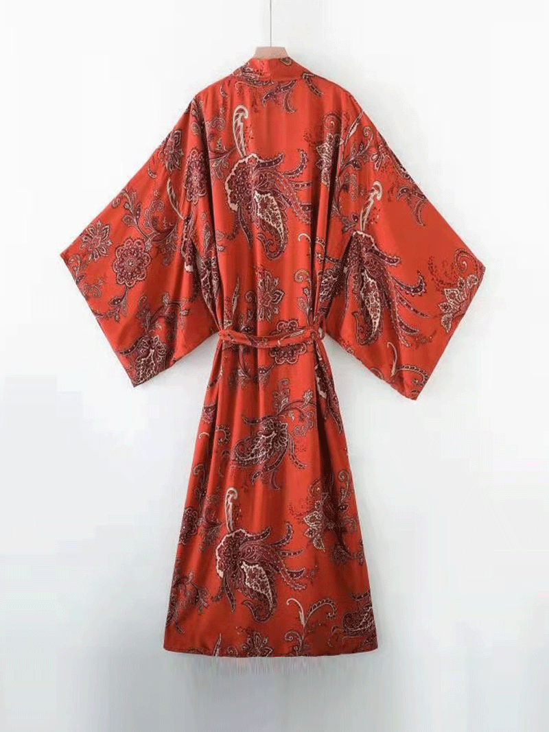 Nightwear Paisley Print Red Color Polyester Long Length Gown Kimono Duster Robe - Fashionpara
