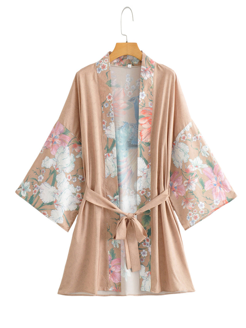 Short Length Floral + Peacock Print Khaki Color Polyester Gown Kimono Duster Robe - Fashionpara