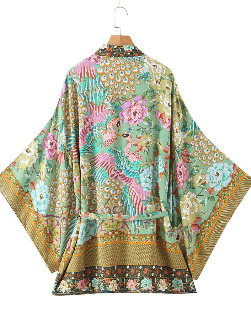 Kimono Floral Birds Print Green Color Cotton Short Gown Kimono Duster - Fashionpara