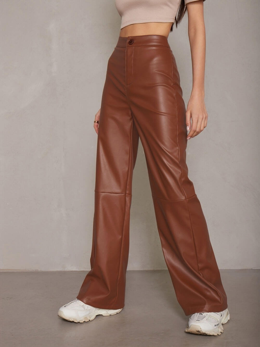 Casual High Waist PU Wide Leg Pants - Fashionpara