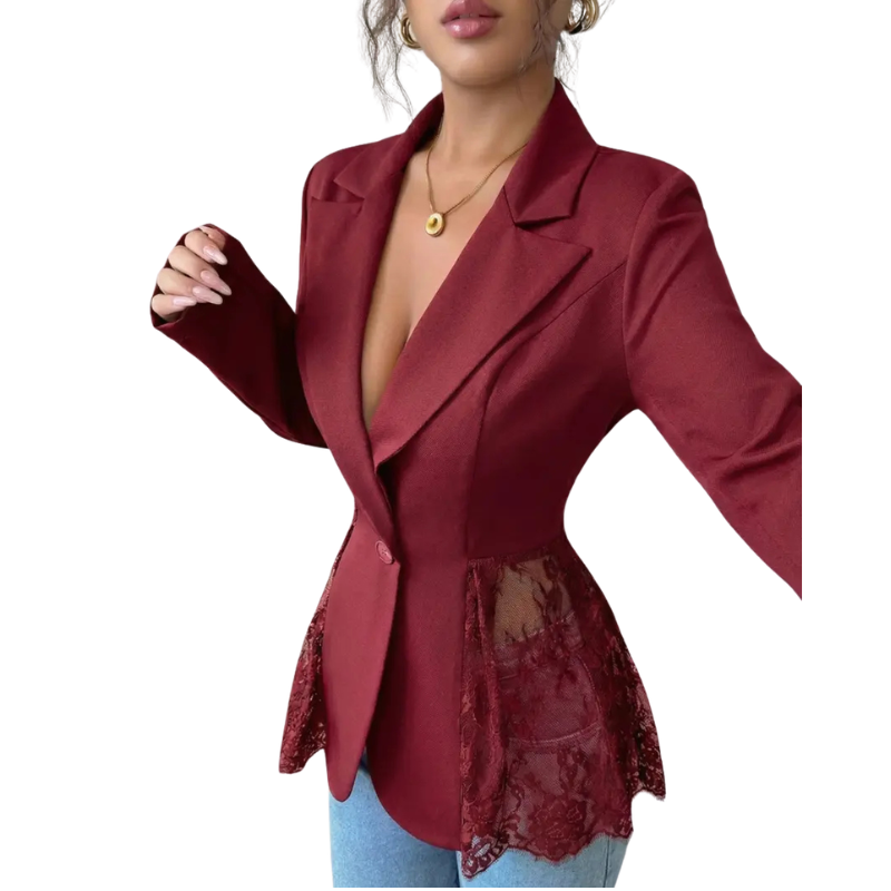 Lace Peplum Hem Deep V-Neck Single Button Blazer 2