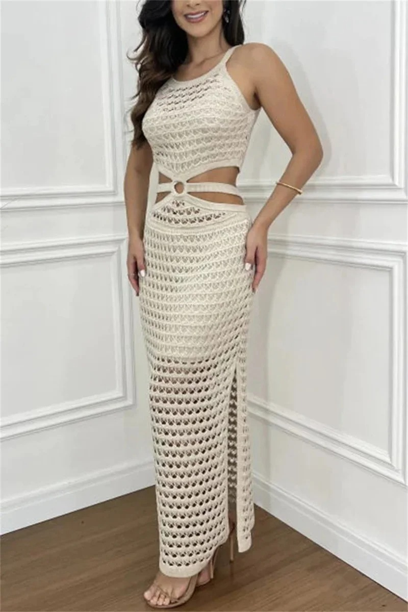 Crochet Knit One Shoulder Ring Waist Cut Out Side Slit Maxi Dress - View 2