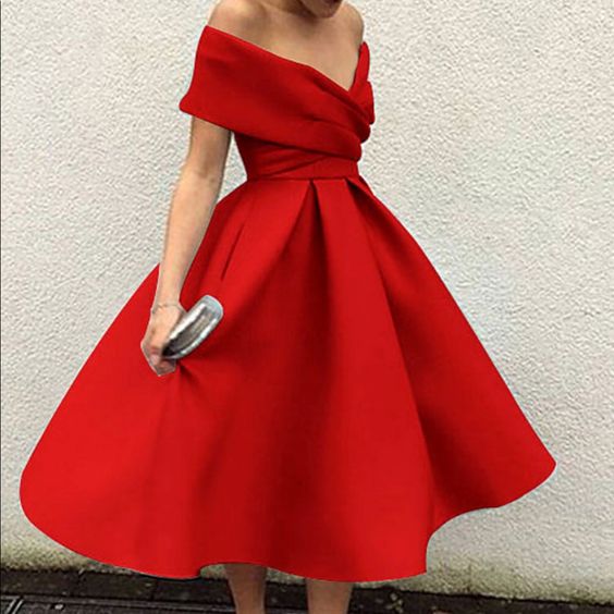 A Line Satin Wedding Guest Dresses Tea Length V-neck Off The Shoulder Prom Dress