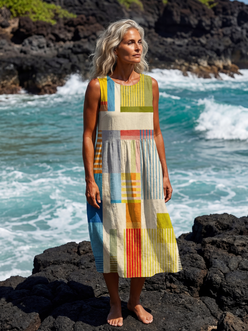 Patchwork Stripe Sleeveless Tiered Midi Dress