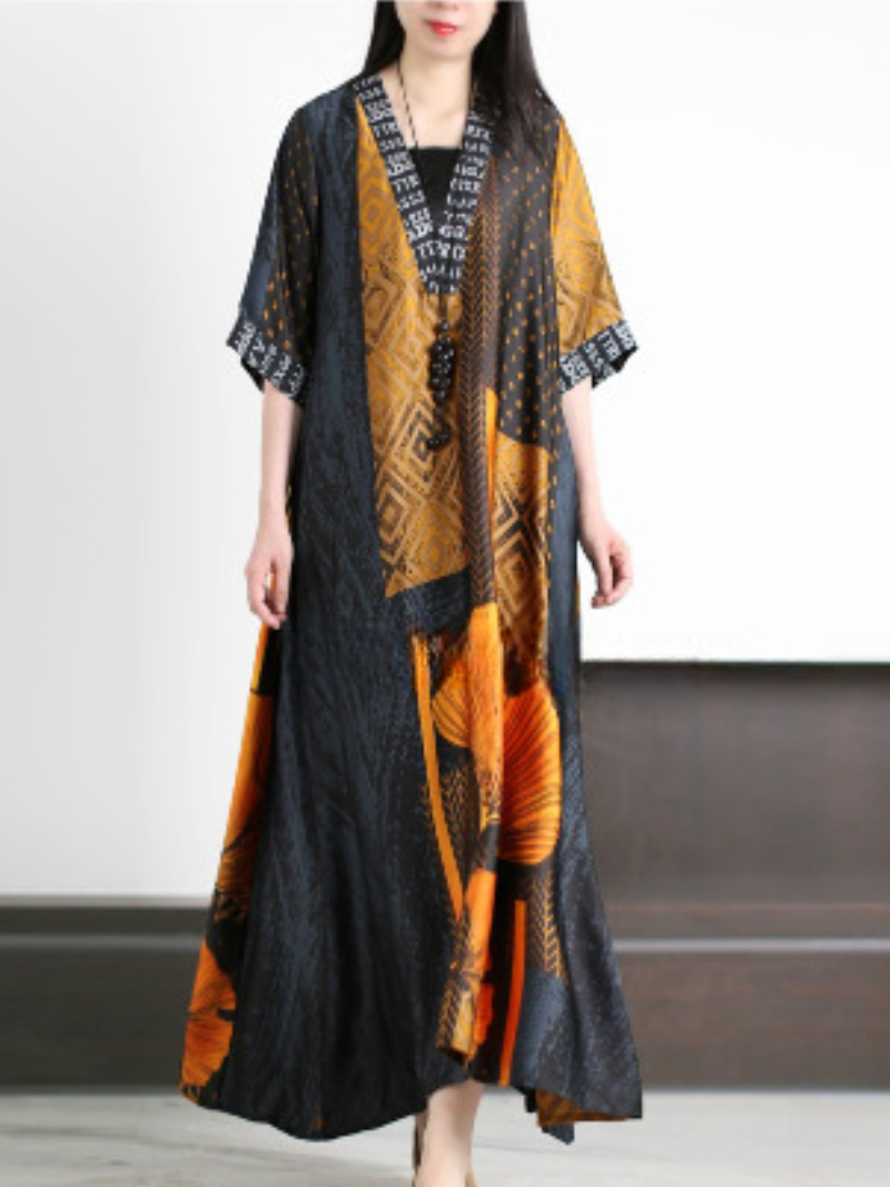 Printed V-Neck Layered Loose A-Line Maxi Dress
