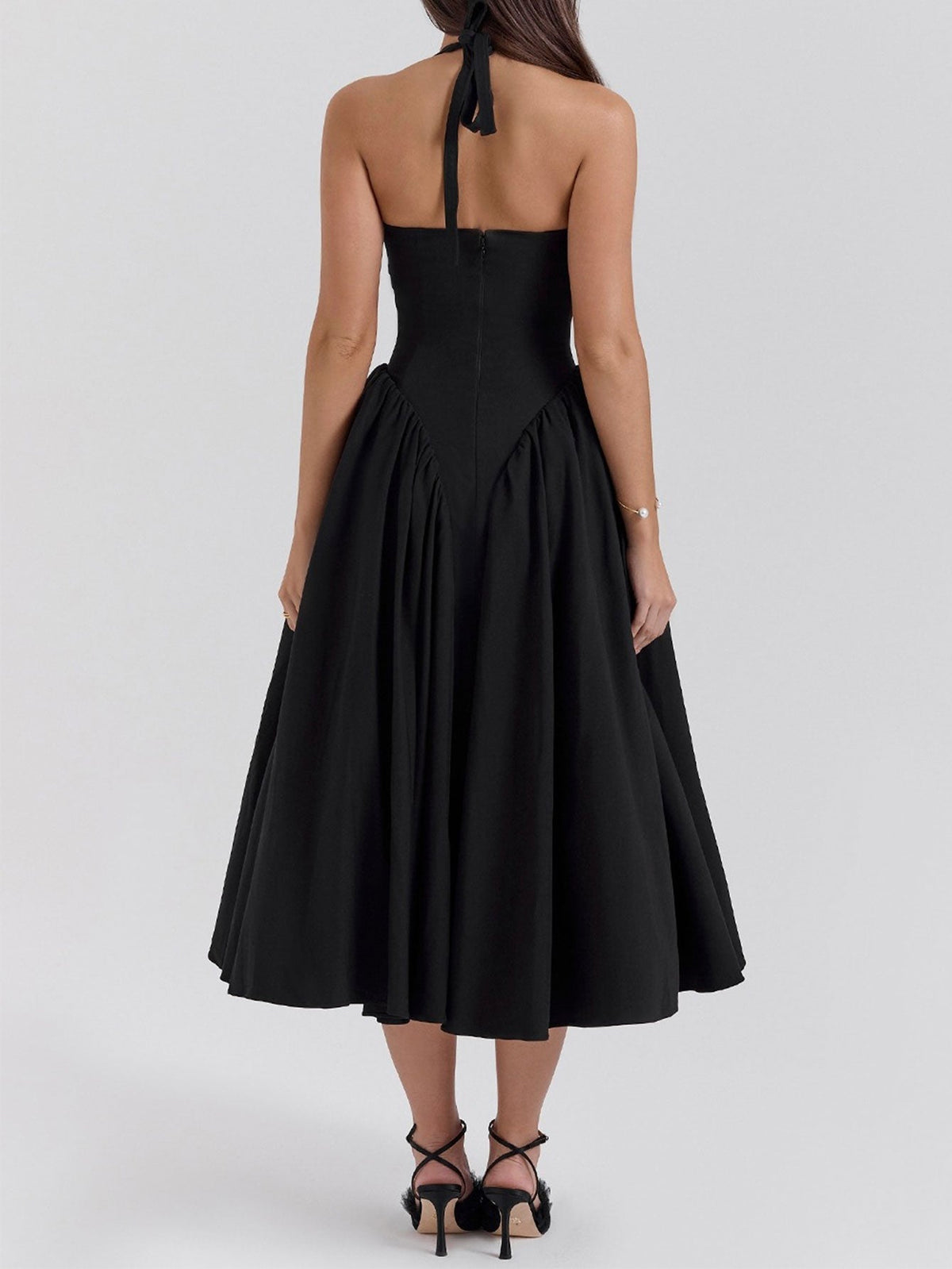 Deep V-Neck Halter Neck Gingham Pleated Midi Dress - View 25