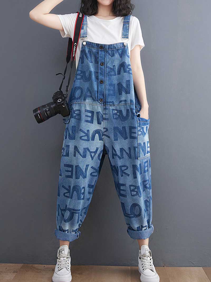 Alphabets Letter Print Denim High Waist Overalls Dungaree - Fashionpara