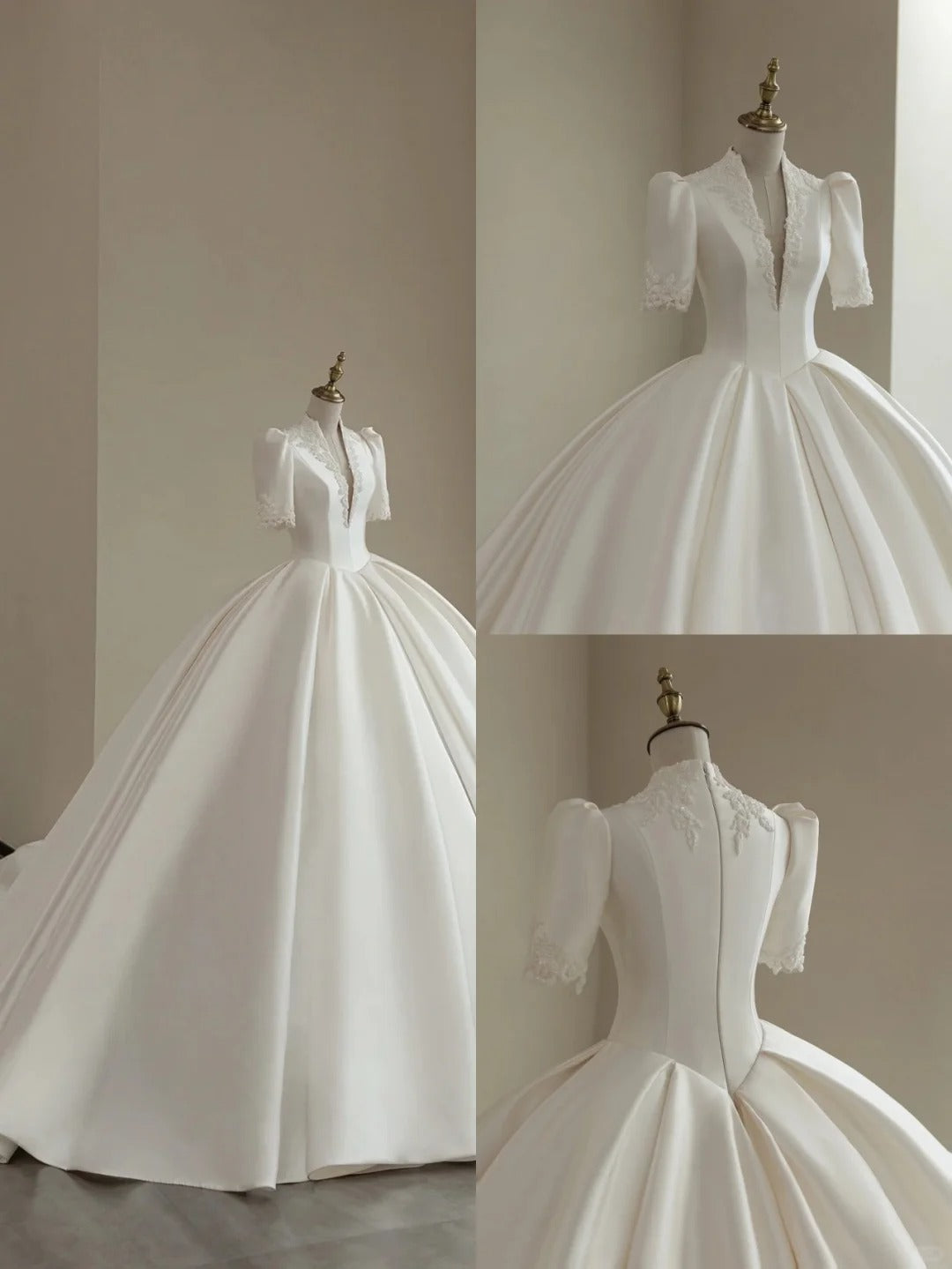 A Line White Deep V Neck Short Sleeves Satin Long Princess Wedding Dress