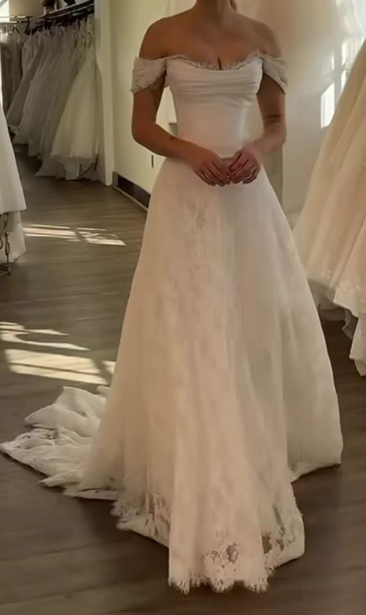 A Line White Off Shoulder Long Princess Wedding Dress