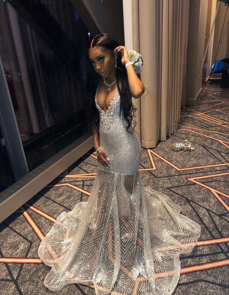 Mermaid Silver Sexy V Neck Prom Party Dress Long Evening Dress - Fashionpara