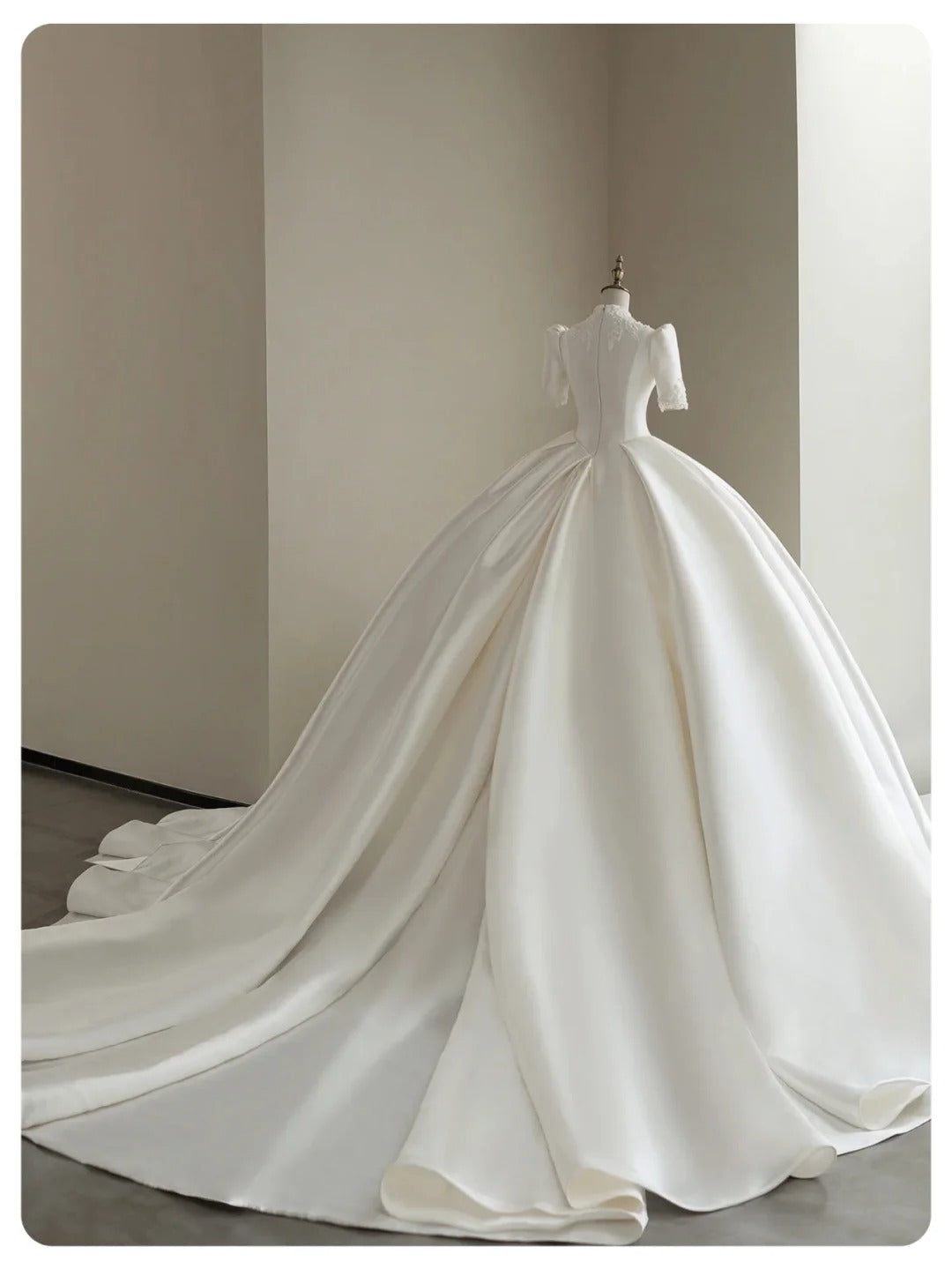 A Line White Deep V Neck Short Sleeves Satin Long Princess Wedding Dress