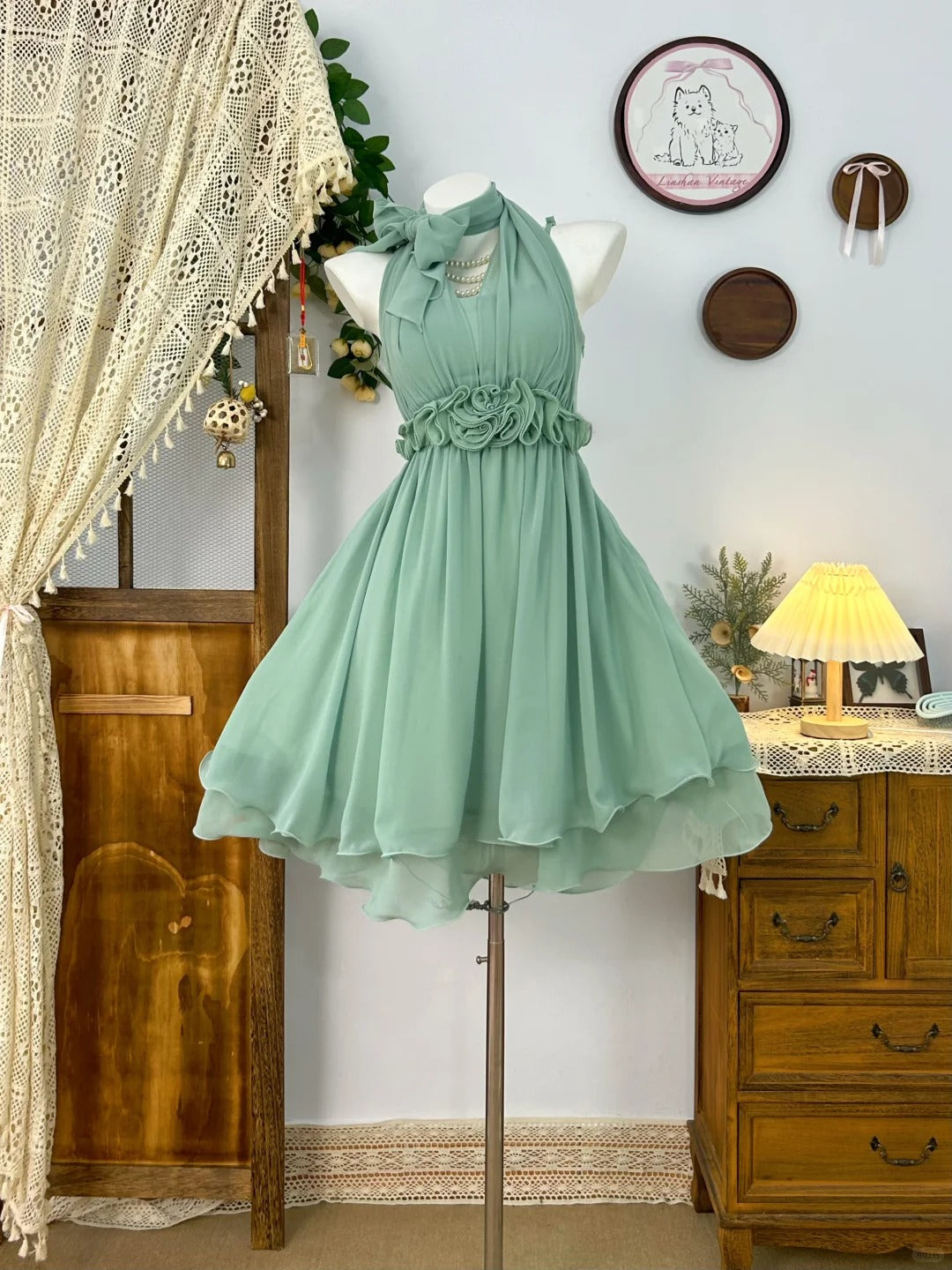Green Chiffon Vintage Evening Dress Elegant Sleeveless Short Prom Party Dress - Fashionpara