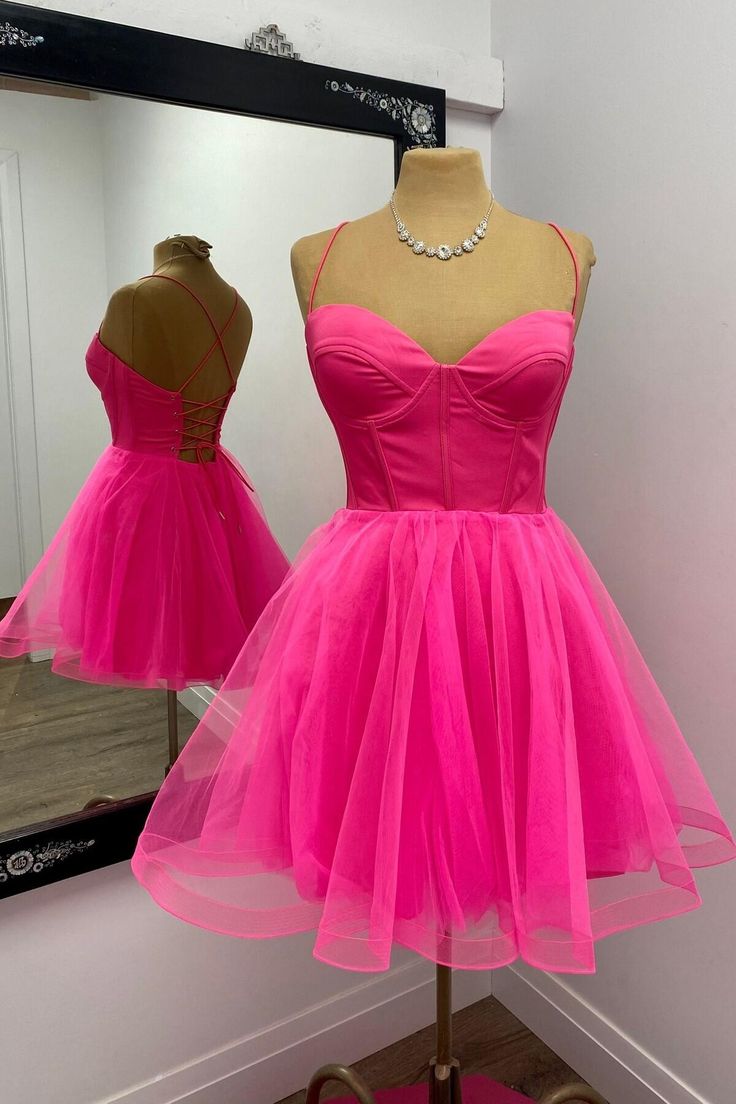 Hot Pink Corset A-line Short Princess Dress Homecoming Dress Short Party Dress - Fashionpara