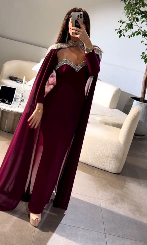 Elegant Middle East Prom Dresses with Chiffon Cape Spaghetti Straps Long Sleeve Evening Gowns Formal Occasion Party Dress - Fashionpara