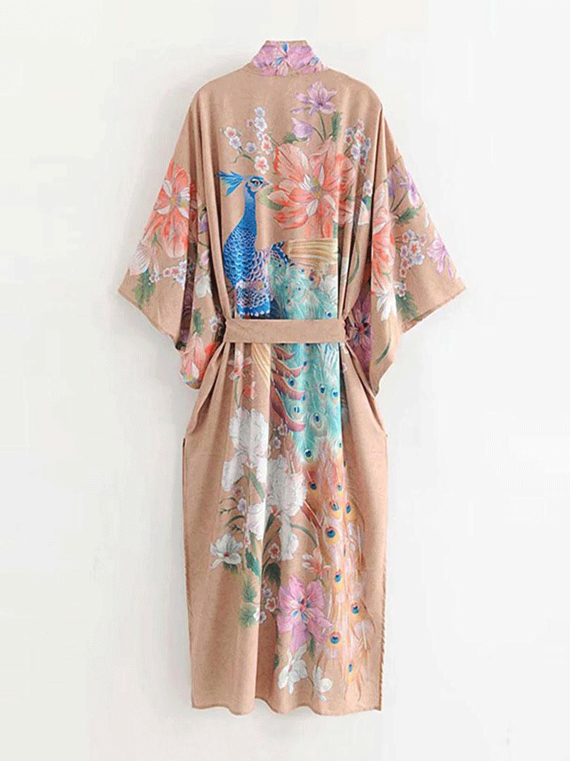 Partywear Cotton, Viscose & Silk Mix Peacock King Floral & Bird Print Camel Color Long Length Gown Kimono Duster Robe - Fashionpara