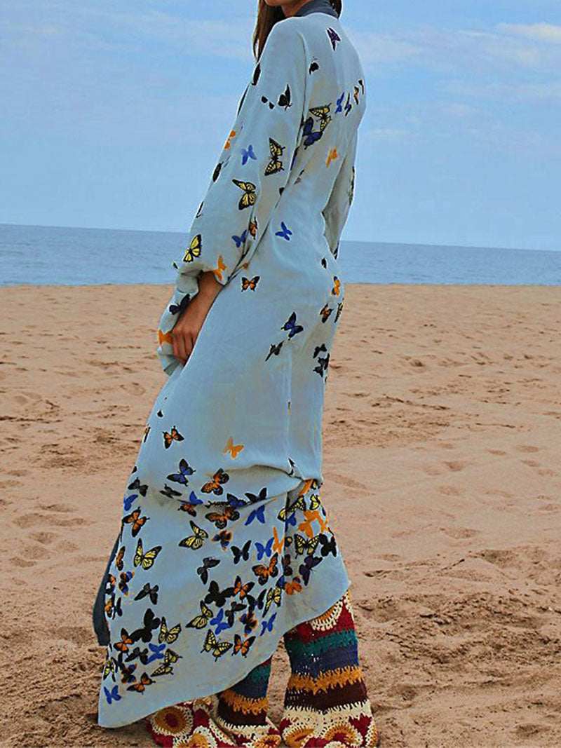 Bride to Be Butterfly Print Blue Color Cotton Long Length Gown Kimono Duster Robe - Fashionpara