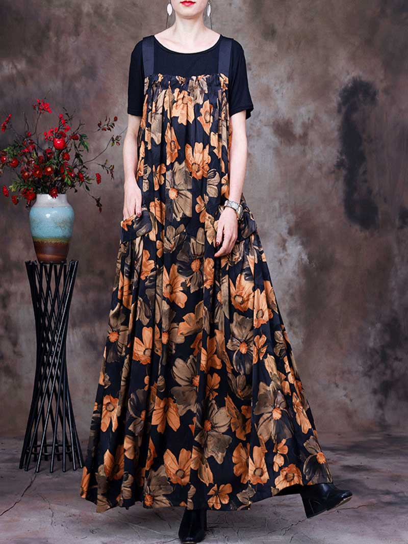 Always Glowing Printed Pleated Pocket Maxi Salopette Dress - Fashionpara