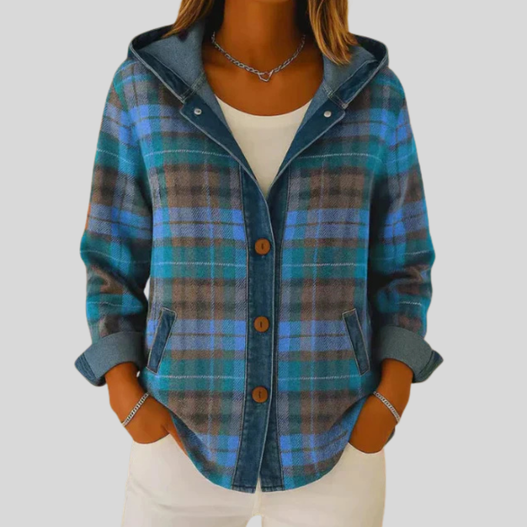 Plaid Hooded Denim Contrast Button Front Shacket 2