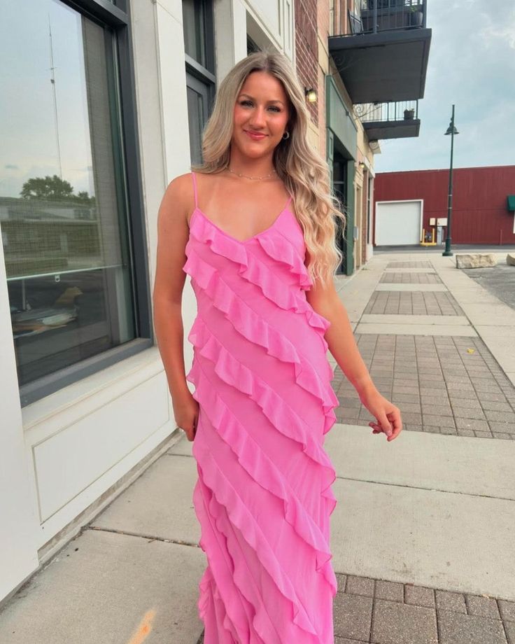 Pink Chiffon Ruffle Party Dress Long Prom Dress - Fashionpara