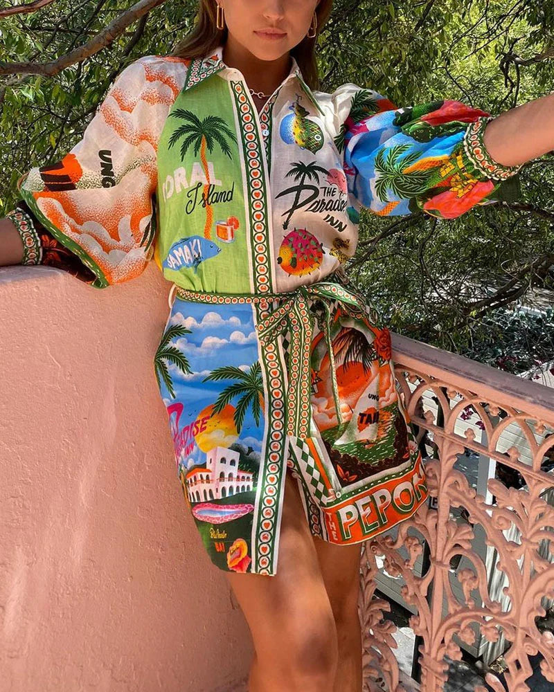 Puzzle Contrast Resort Print Mini Dress - Fashionpara