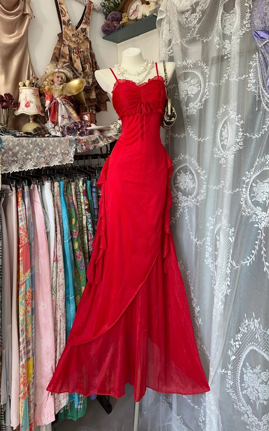 Red Party Dress Long Evening Dress Vintage Prom Dress - Fashionpara