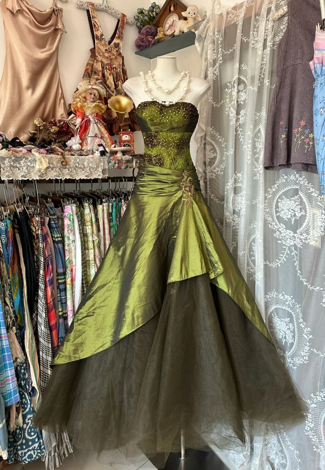 A Line Green Strapless Vintage Prom Dress Long Evening Dress - Fashionpara