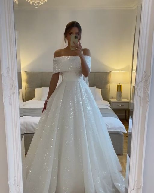 A-Line Sparkly Sequined Bride Dress For Women Off Shoulder Draped Tulle Formal Wedding Gown
