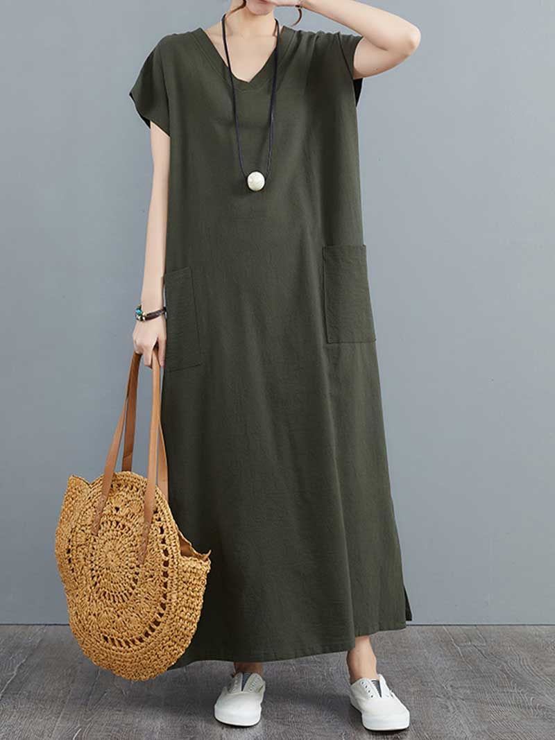 Hemp Material Plain Short Sleeves With Double Side Pocket A-Line Dress - Fashionpara